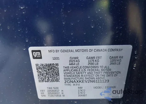 2022 Chevrolet Equinox Fwd Lt from USA, damaged, VIN 2GNAXKEV2N6111123